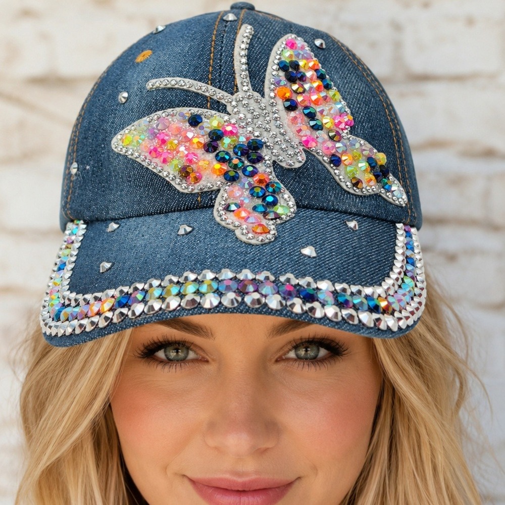 Blue Denim Butterfly Rhinestone Baseball Cap Crystal Embellished‎ Hat Adjustable